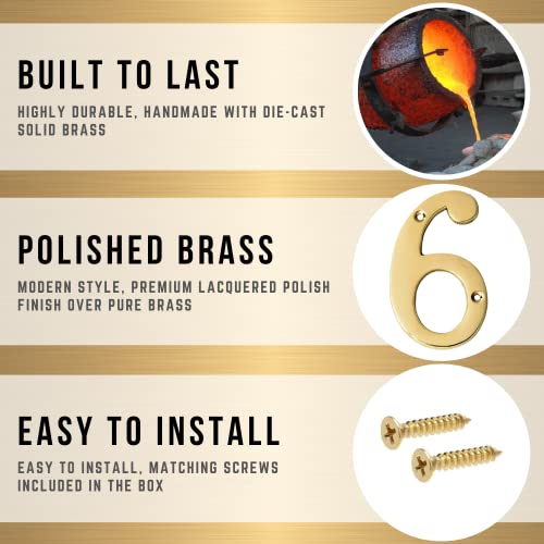 Motif 4-Inch Solid Brass Lacquered Polished Mailbox Numbers House Numbers For Outside, Address Plaques For House Numbers, Outdoor Decor (Number 6) #TOP2