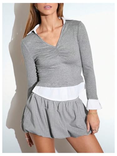 OYOANGLE Women's Plaid Mini Bubble Skirt Elastic Low Waist A Line Casual Skirts4