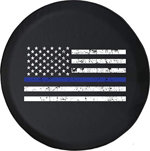 556 Gear Distressed American Flag Tire Cover Thin Blue Line Spare Tire Cover fits SUV Camper RV Accessories Black 35 in