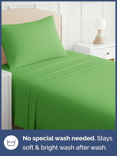 Image of Kids Twin Size Bed Sheet Set - 3 Piece Kids Loft Bed Sheets - Solid Green Themed Bedding - Soft, Cute and Cozy - Breathable and Machine Washable - Bedding for Boys, Girls, Teens & Toddlers - Oeko-Tex