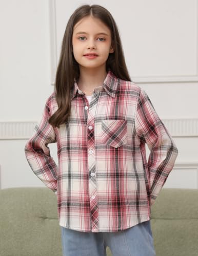 Image of SANGTREE Women and Girls Long Sleeve Flannel Casual Button Down Plaid Shirt