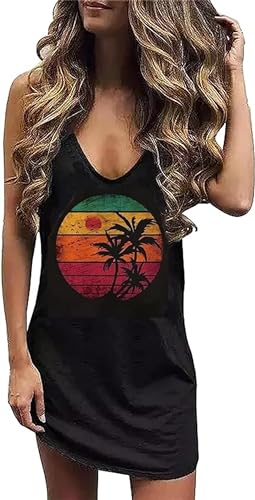 Image of Live Simple Coconut Tree Sleeveless Dress Sunshine Sand Beach Women's Summer Casual V Neck Mini Dress
