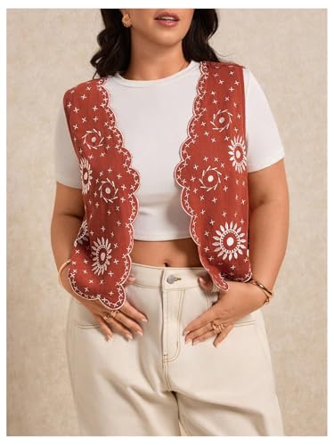 SweatyRocks Women's Plus Size Boho Embroidery Vest Vintage Scalloped Sleeveless Cardigan Waistcoat4