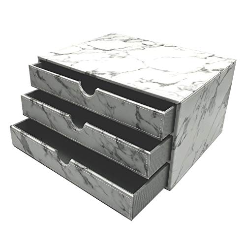 UnionBasic Multi-functional PU Leather Desk Organizer File Cabinet Office Supplies Desktop Storage Organizer Box with Drawer (Marble White (3-Drawer))