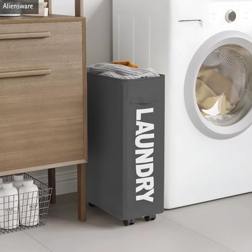 Image of Aliensware Laundry Basket Foldable with Wheels & Side Handle, Washing Clothes Storage Basket, Oxford Cloth Bin, Organizer,Movable Solution,Portable Laundry Bag,Collapsible Hamper-Aliens-Dark Grey