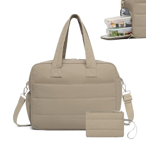 Lunch Tote Bag for Women Work, 15.6 Inch Laptop Purse with Insulated Lunch Compartment Coin Wallet for Meal, Large Puffy Quilted Travel Duffle Bag