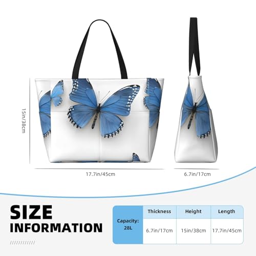 (Blue Butterfly On Blossom Flower) Large Beach Tote Bag for Women Waterproof Sandproof Travel Shoulder Bag with Pocket for Pool Vacation Weekend Gym4