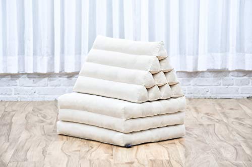 Leewadee Foldout Triangle Thai-Cushion Floor-Seat with Back-Rest TV Pillow Lounge-r Foldable Out-Door Mattress, 67x21x13 inches, Kapok, Ecru