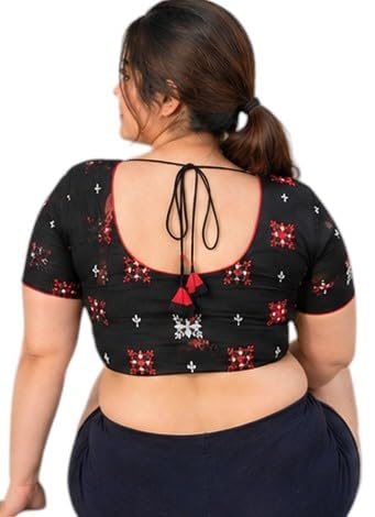 Black Embroidered Saree Blouse with Tie-Up Back, Plus Size-image-2
