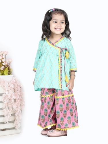 Image of BownBee Girls Cotton Kurti and Sharara Suit Set Round Neck, Angrakha Traditional Ethnic Dress, Front Open Kurta For Girl Kids, Suitable for All Festivals & Casual Wear