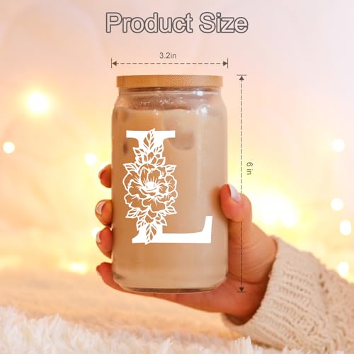 Image of Coolife Initial Glass Cup, Monogrammed Gifts for Women, 16 oz Tumbler w /Lid | Iced Coffee Smoothie Beer Tumbler w /Straw Lid - Personalized Christmas, Birthday Gifts for Woman Her Mom Friend