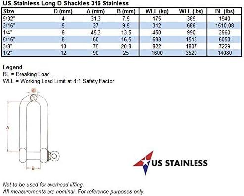 US STAINLESS Stainless Steel 316 Long D Shackle 3/8" (10mm) Marine Grade - Image 3