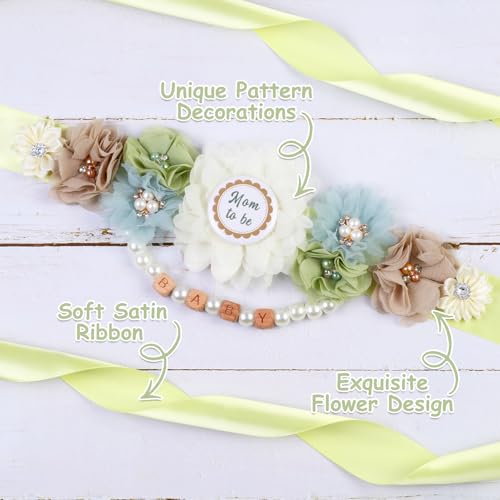 Image of Pea Green Gender Reveal Maternity Sash Kit, Sage Green Baby Shower Belly Belt and Mom to Be Dad to Be Corsage Pins, New Parent Pregnancy Announcement Photo Props Party Supplies