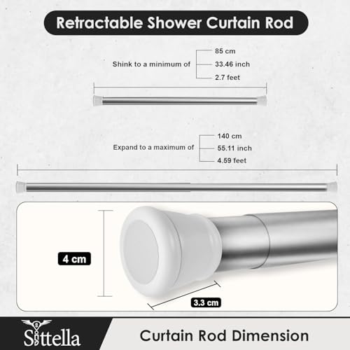 Image of SITTELLA Extendable Shower Curtain Tension Rod (155cm to 290cm) Non-Drilling Anti-Skid Spring Pull Rod - Stainless Steel, Silver-White Finish