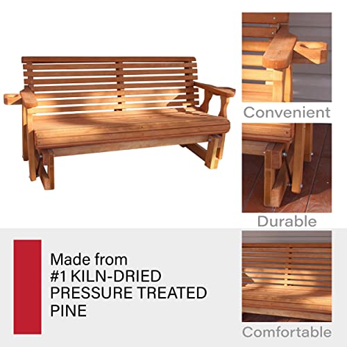 Amish Casual Heavy Duty 800 Lb Roll Back Pressure Treated Porch Glider with Cupholders (5 Foot, Cedar Stain)