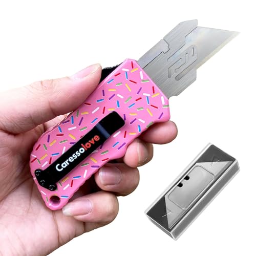 Image of Caressolove Automatic Utility Knife, Premium Pink Retractable Box Cutter, Cute Aluminum Alloy Heavy Duty Pocket Knife, Safety Replaceable Blade EDC Razor Knives with 5PCS Blades