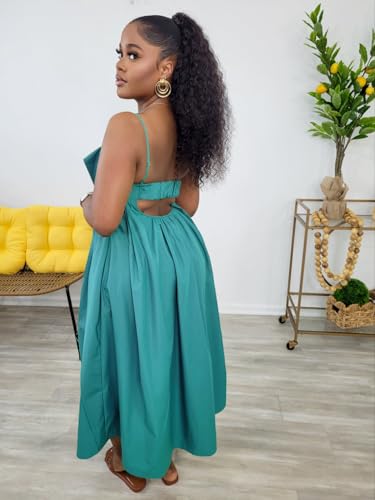 Image of YUEWOO Midi Dresses for Women Casual Summer Sundresses Vacation Outfits Spaghetti Strap Smocked Women Maxi Dress with Pockets