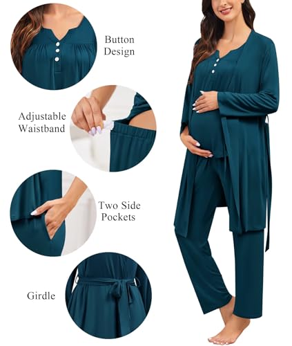 Image of SWOMOG Maternity Nursing Pajamas Set 3 Piece Breastfeeding 3 in 1 Labor Delivery Sleevless Tops Long Pants Pregnancy Pjs