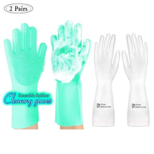 Dishwashing Gloves,Silicone Dishwashing Gloves kitchen Gloves Reusable Silicone Brush Scrubber Gloves- Pvc Household