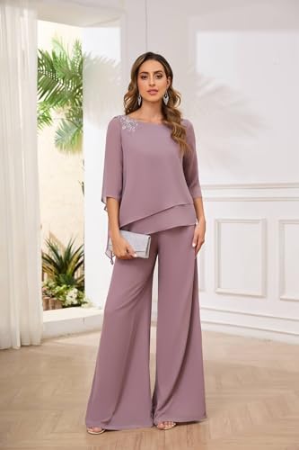 Women's 2PC Mother of The Bride Pants Suits for Wedding Lace Appliqued Chiffon Formal Outfit2