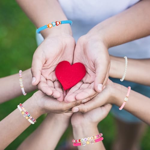 Image of Preppy Bracelets Set Colorful White Gold Smile Heart Star Polymer Beaded Pearl Clay Stackable Charm Y2K Kidcore Aesthetic Summer Beach Bohemian Stretch Layering Bracelets Jewelry for Girls Women Teens