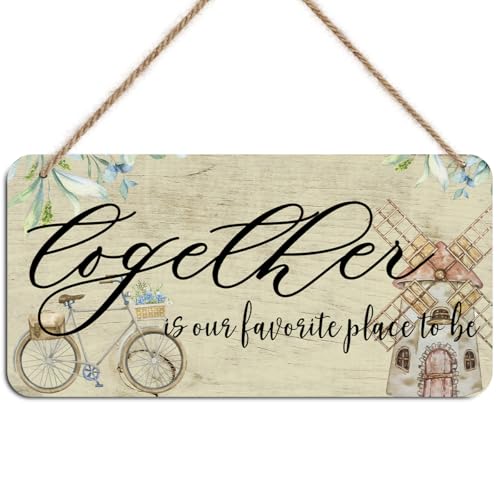 Image of Rustic Windmill & Bicycle Wooden Wall Sign for Home Entryway Farmhouse, Family Art Decor Hanging Sign Motivational Home Wood Plaque Signs, Together is Our Favorite Place to Be Wall Art Decor