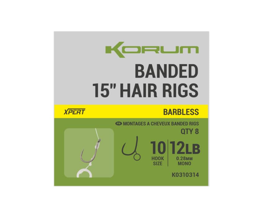 Korum 15" Banded Hair Rigs Barbless Qty 8 (Size 14 8lb)