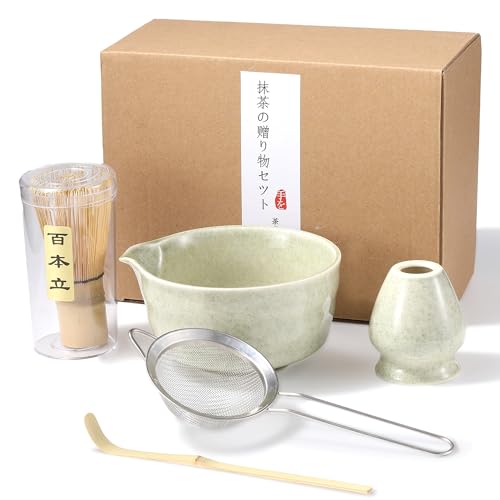 O OLAX 5 Stück Matcha Set, Matcha Besen Set, Matcha Schale mit Auslauf Matcha Löffel, Matcha Besen,Matcha Filtersieb,für Geschikt Voor Liefhebbers van Matcha