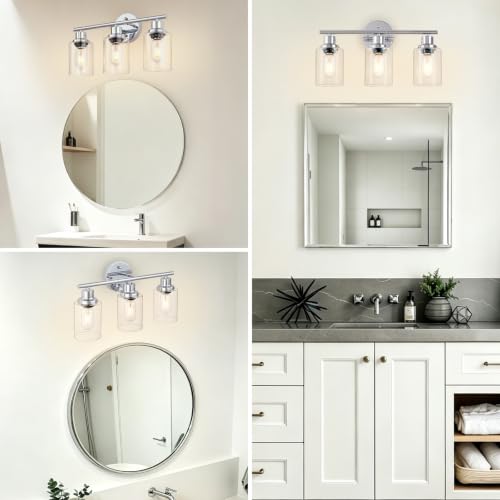 Image of 3-Light Bathroom Light Fixtures, Modern Chrome Vanity Lights for Bathroom with Clear Glass Shade, Wall Lamps for Mirror Hallway Kitchen Cabinet Living Room Sconces Lights
