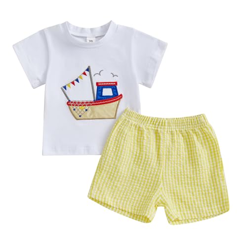 Toddler Baby Boy Sailboat Outfit Boating Sailing Embroidery Cotton T-Shirt Plaid Shorts Set Little Boy Summer Clothes (C Yellow, 0-6 Months)
