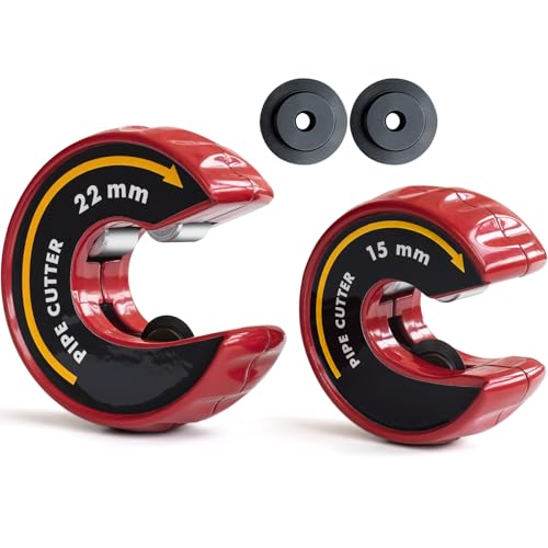 PLOWFAR Pipe Cutter 15mm and 22mm Set Copper Pipe Slice Tube Cutter Zinc Alloy Body with 2 Replacement Cutting Wheels, Red 1 PLOWFAR Pipe Cutter 15mm and 22mm Set Copper Pipe Slice Tube Cutter Zinc Alloy Body with 2 Replacement Cutting Wheels, Red