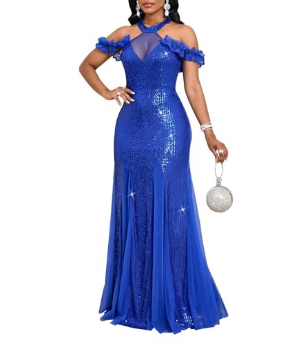 Image of Cololura Women Sexy Sequin Halter Neck Short Sleeve Mesh Perspective Party Bodycon Evening Cocktail Maxi Dress