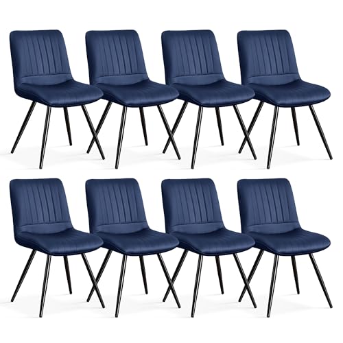 Image of Dining Chairs Set of 8, Modern Dining Chairs with Thick Cushions, PU Leather Upholstered Kitchen Dining Room Chairs with Metal Legs for Dining Living Room (Navy Blue)