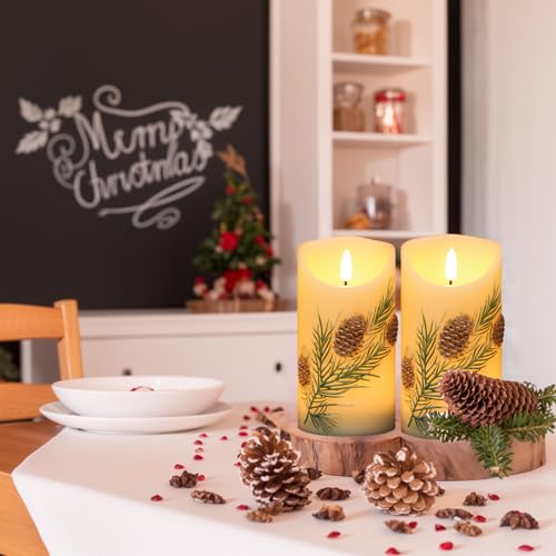 Image of Wondise Flameless Candles with Timer, Battery Operated Flickering 3D Wick Real Wax Pine Cone Candles for Christmas Holiday Indoor Decoration, Set of 2, Ivory(D3 x H5.7 Inch)