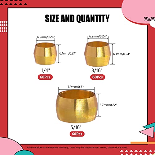 Hilitchi 3Sizes Tube Od 3/16 1/4 5/16 Brass Compression Sleeves Ferrules Compression Fitting Kit (Sae, 180Pcs) #TOP1