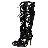 MJIASIAWA Womens Peep Toe Stiletto Heel Knee High Strappy Sandals Zip Summer Boots Suede Classic Gladiator Black Size 6 UK/40 Asian