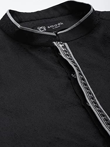 Image of Men's Black Art Silk Regular Fit Ethnic Motifs Kurta | Indian Kurta | Festive Ethnic Kurta with Embroidered Packet