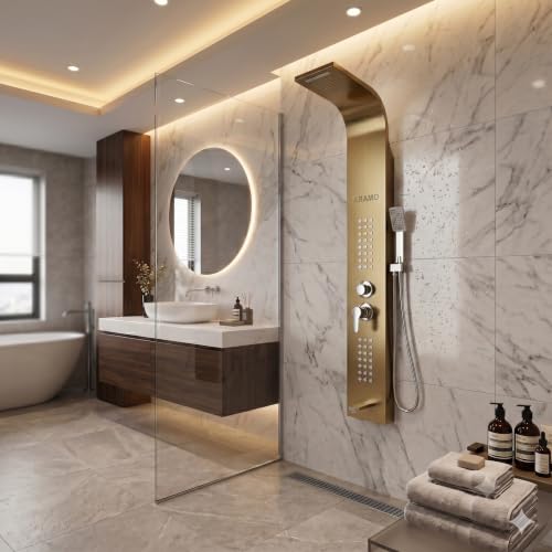 Image of ARAMO Shower Panel - Wave with Waterfall Shower, Massage Jet, 5 Water Functions (Gold)