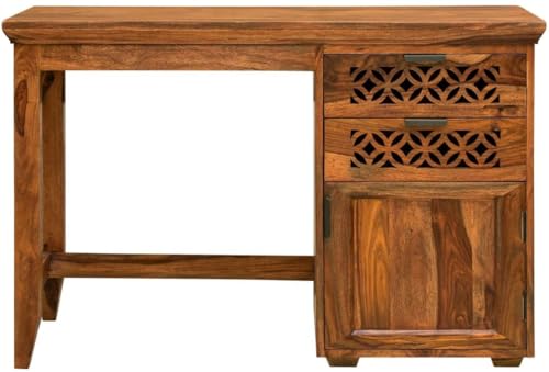 Image of Study Table with Chair | Wooden Study Desk for Students | Solid Sheesham Wood Writing Desk for Adults with Chair | Office Desk (Teak Finish)