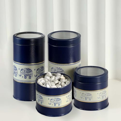 Image of Mandala Collection Airtight Kitchen Container Set| 450ML+1100ML- Set of 4| Food Grade Metal Jars for Spices, Cookies & Dry Food | Vacuum Lid, Rust Resistant| Blue Elephant Canisters