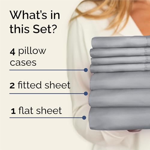 Image of Split King 7 Piece Bed Sheet Set - Comfy, Breathable & Cooling - Steel Blue | Ultra-Soft Hotel Luxury Bedding Set w / 8-16 Inch Deep Pockets, 1 Flat & 2 Fitted Sheet & 4 Pillowcases, Wrinkle & Fade Free