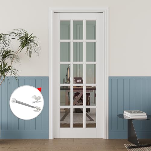Image of 32 inch x 80 inch 15-Lite Clear Glass Pocket Door, Soft-Close Sliding Pocket Door with Frame & Hardware Kit Set, Primed All-Inclusive Interior Door Slab for Home, White, Need to Assemble