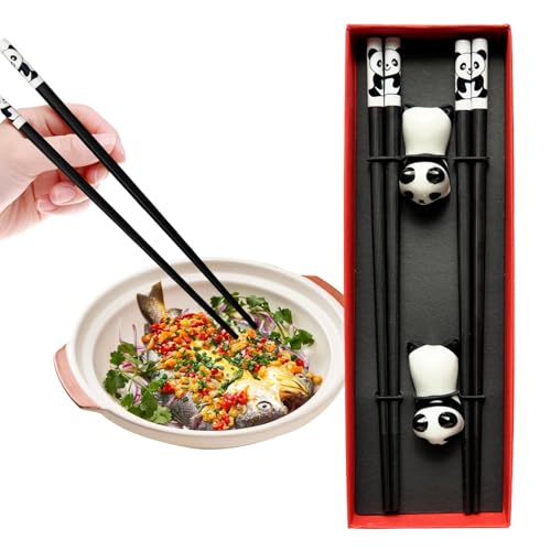 Juego de palillos chinos, palillos reutilizables, soporte de cerámica, palillos reutilizables, palillos de madera, juego de palillos con palo superior de panda, 2 pares de palillos antideslizantes de