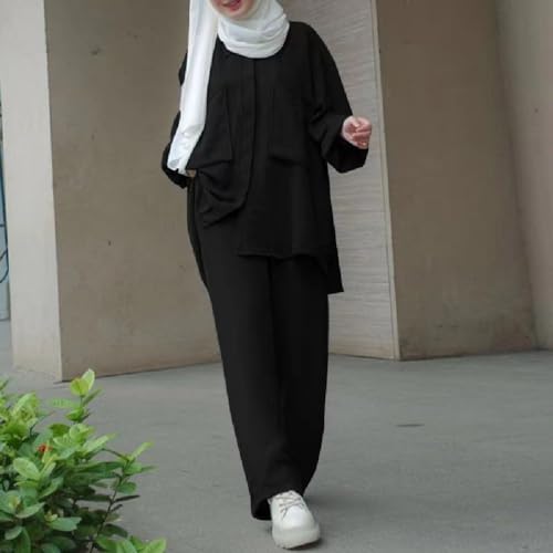 ODIZLI Muslim Long Sleeve Blouse Wide Leg Pants Suits Autumn Solid Abaya Women Matching Sets 2PCS Tracksuits Turkey Kaftan2