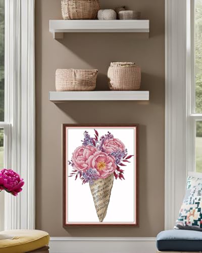 Image of CaptainCrafts Cross Stitch Kits for Adults Counted Cross Stitch Unprinted Fabrics Needlework Craft Home Decor (Counted 14CT, Note Bouquet Peony Flower)