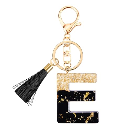 Suweibuke Fashion Black Key Chains for Women Girls, Initial Letter Keychains with Tassel, Charms for Key Purse Handbags Backpacks (Black-E)