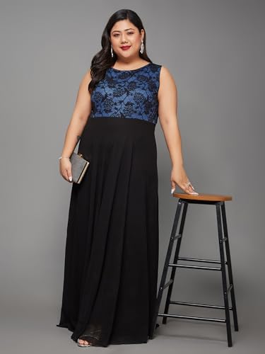 Image of Miss Chase A+ Women's Round Neck Sleeveless Georgette Floral Lace Fit & Flare Maxi Dress