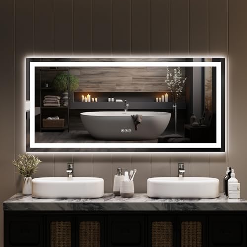 Image of GarveeHome 60x30 LED Bathroom Mirror with Lights, Dimmable, Anti-Fog, Backlit + Front Lit, Lighted Bathroom Vanity Mirror for Wall, Memory Function, Tempered Glass, Shatter-Proof (Horizontal /Vertical)