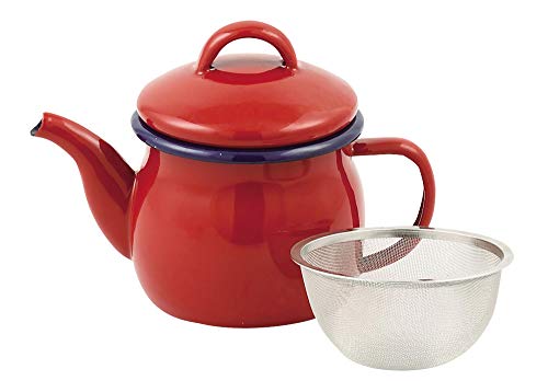 Pearl Metal HB-4411 Teapot, Red, 18.9 fl oz (580 ml), Enameled Tea Strainer, Perfect Size