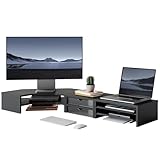 Fenge Dual Monitor Stand, Corner Monitor shelf with Drawer and Slide-Out Tray, 2 Tier Triangle Monitor Riser with Storage, Desk Shelf Organizer for Desk, Home Office, Computer, Laptop, Printer